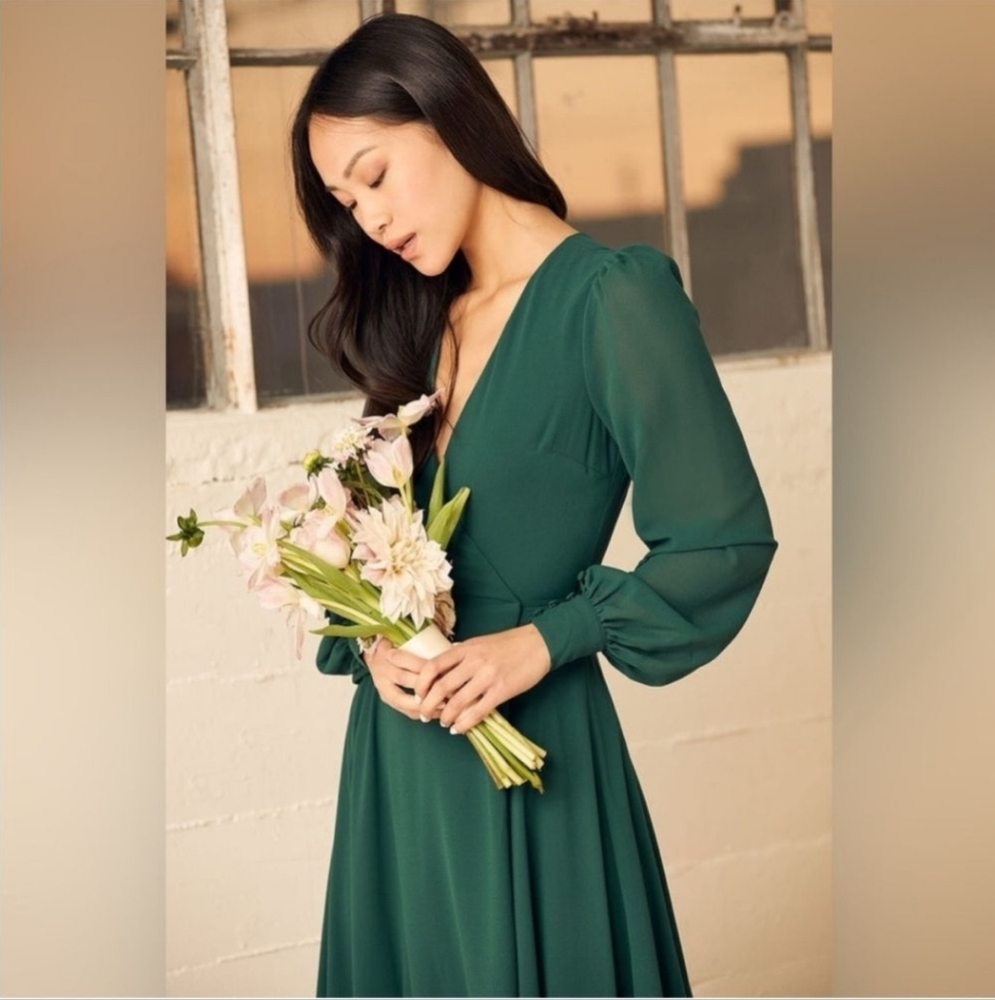 Lulu's Emerald Green Long Sleeve Wrap Gown Bohemian Bridesmaid Dress. Size XL - Picture 4 of 12